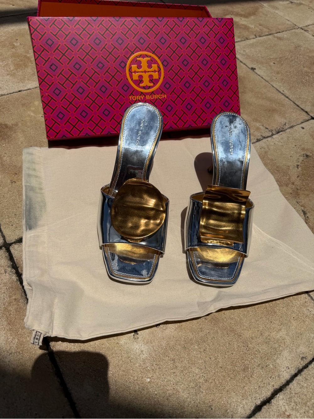 Tory Burch Silver Mirror Slide Mules with Gold Accents - Picture 3 of 4